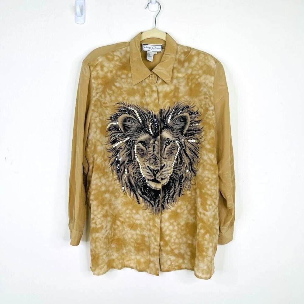 Diane Gilman Silk Animal Lion Print Sequin‎ Artsy Safari Button Up Blouse Large